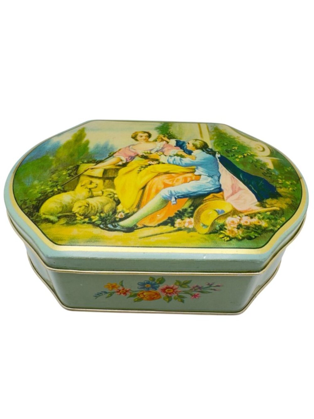 Victorian Style Octagonal Tin Romantic Pastoral Scene Floral Made In England
